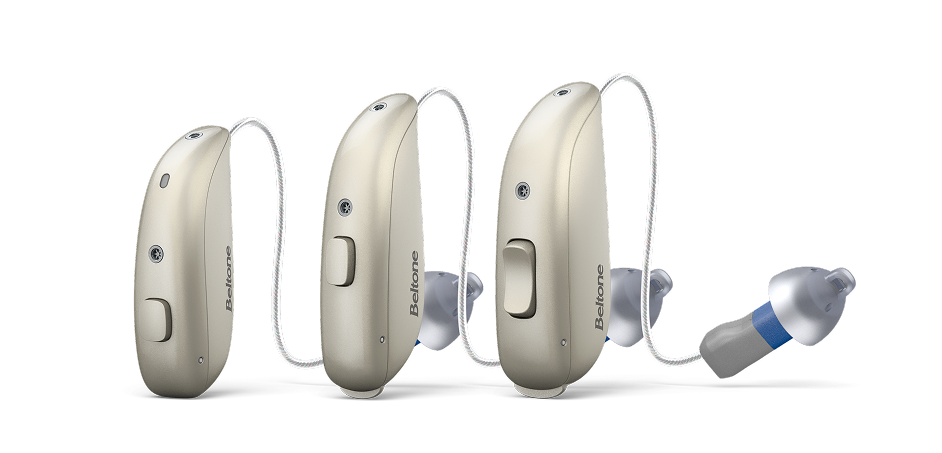 Three beige receiver-in-ear hearing aids with ear tip