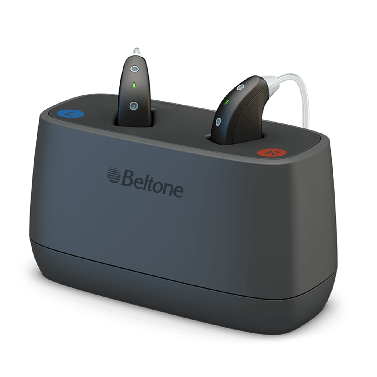 Aparaty słuchowe Beltone Imagine Behind-the-Ear (BTE) umieszczone w ładowarce stacjonarnej