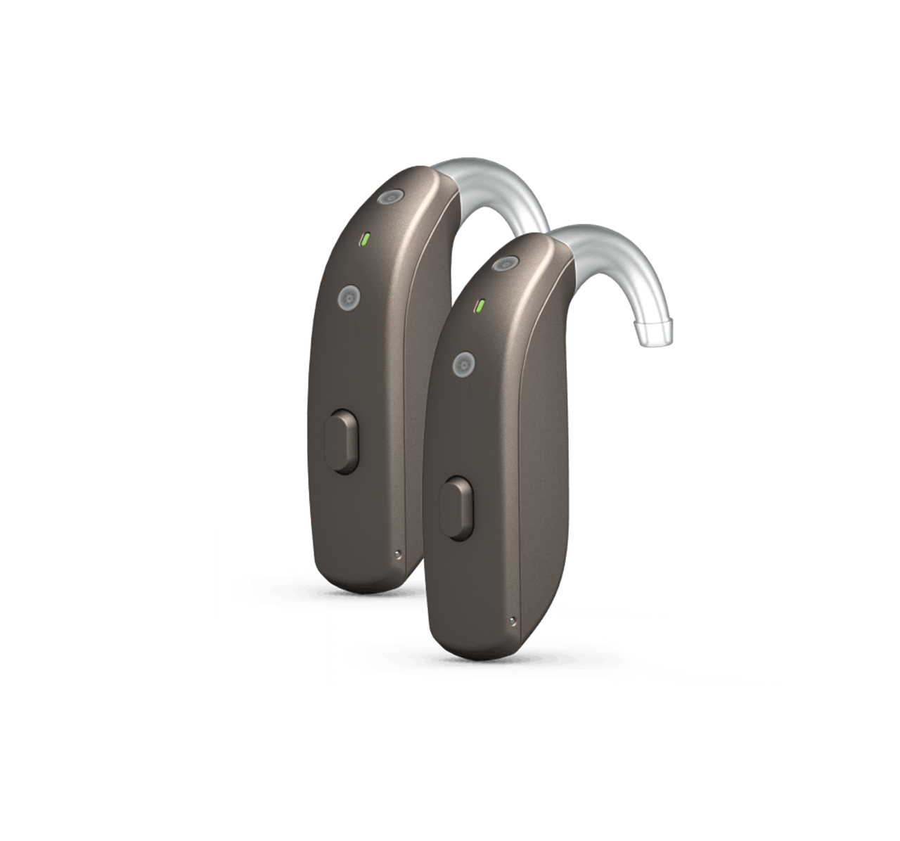 A par of Beltone Imagine Behind-the-Ear (BTE) hearing aids