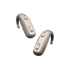 Beltone Boost Max S hearing aids in sand color, emphasizing a soft and neutral tone.
